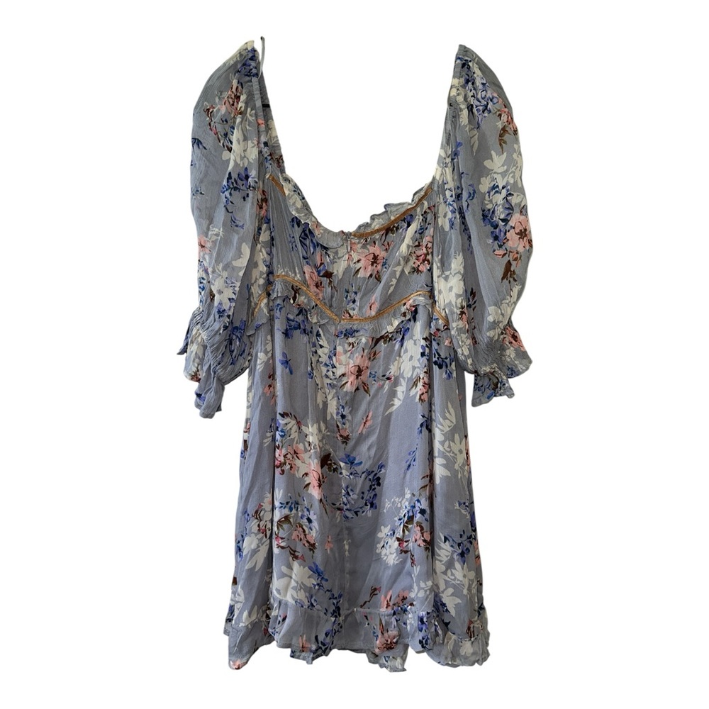 Free People Marney Mini Babydoll Dress Floral Puff Sleeve Velvet Ribbon NWT Sz L - Picture 5 of 8